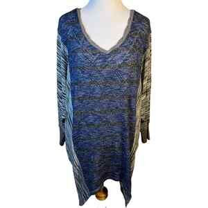 Miss Me Rhinestone Striped Tunic‎ Sweater L V Neck Dolman Holiday Party Sparkle